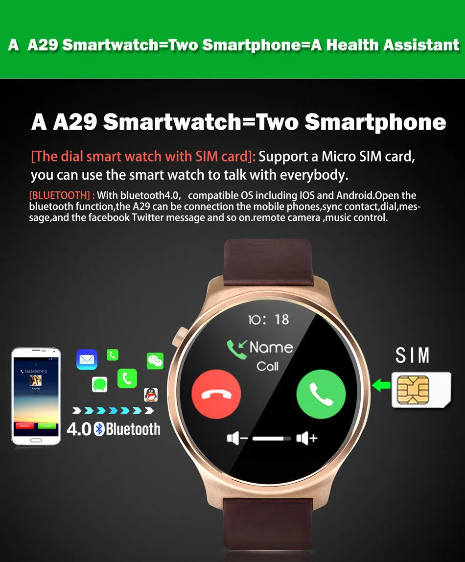 OUKITEL A29 Smart watch phone 2G SIM MTK2502C Bluetooth 4.0 fitness tracker 1.22'IPS Heart Rate for android & ios smartphone