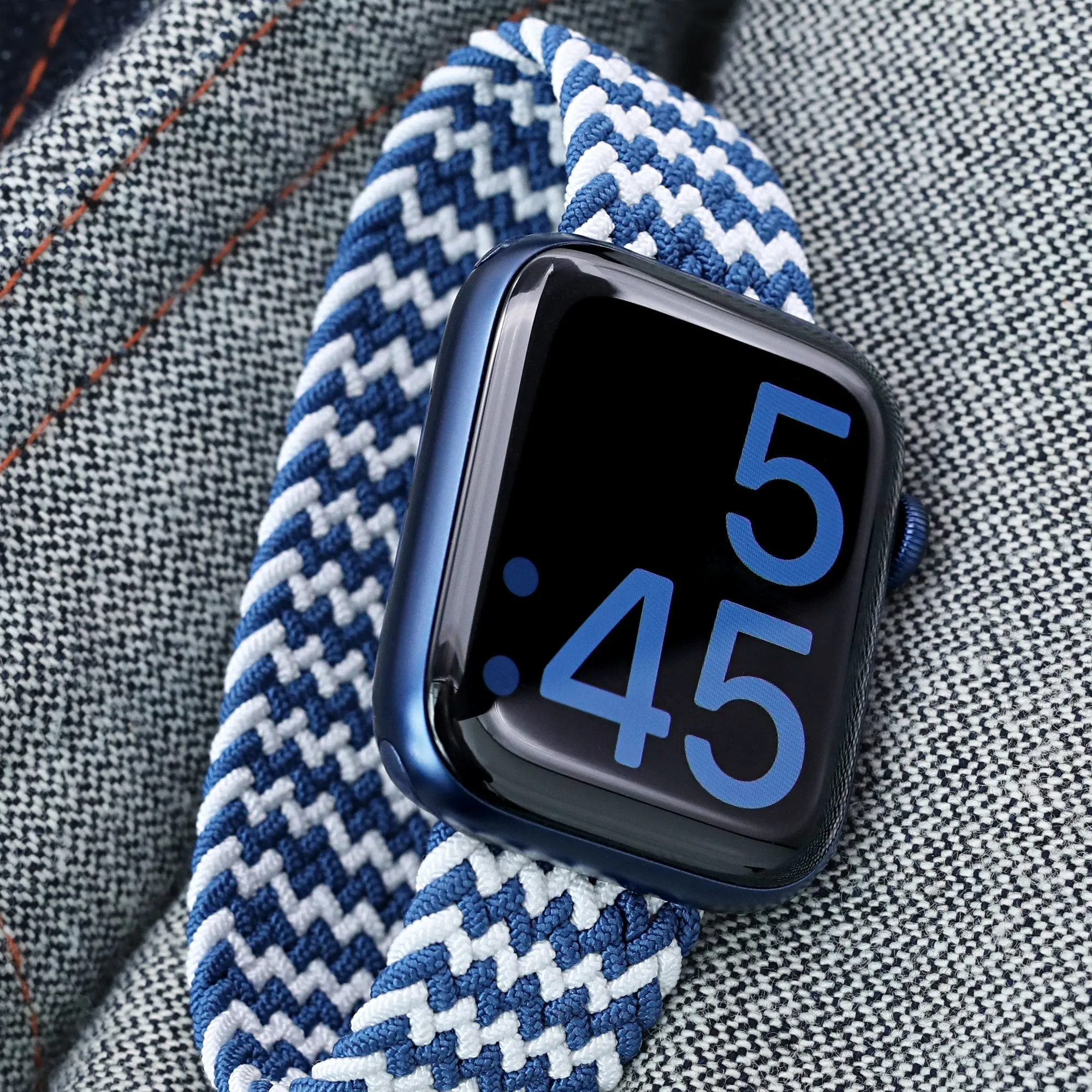 Stretchable Navy-White Solo Loop Braided Watch Band compatible with Apple Watch 44mm / 42mm models