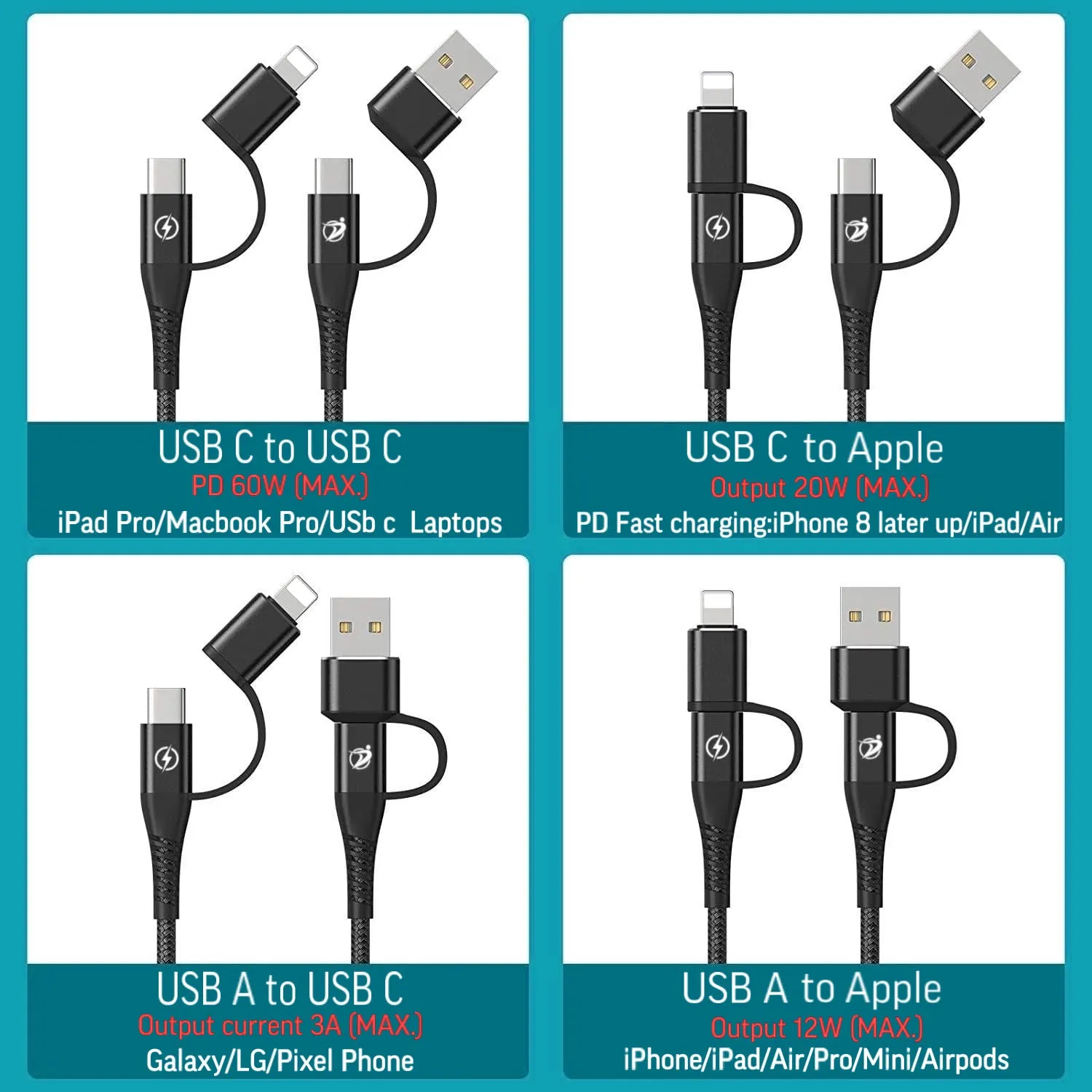 Top-Up 4-in-1 Ultra-Fast PD 60W Charging Data Cable 3.3ft