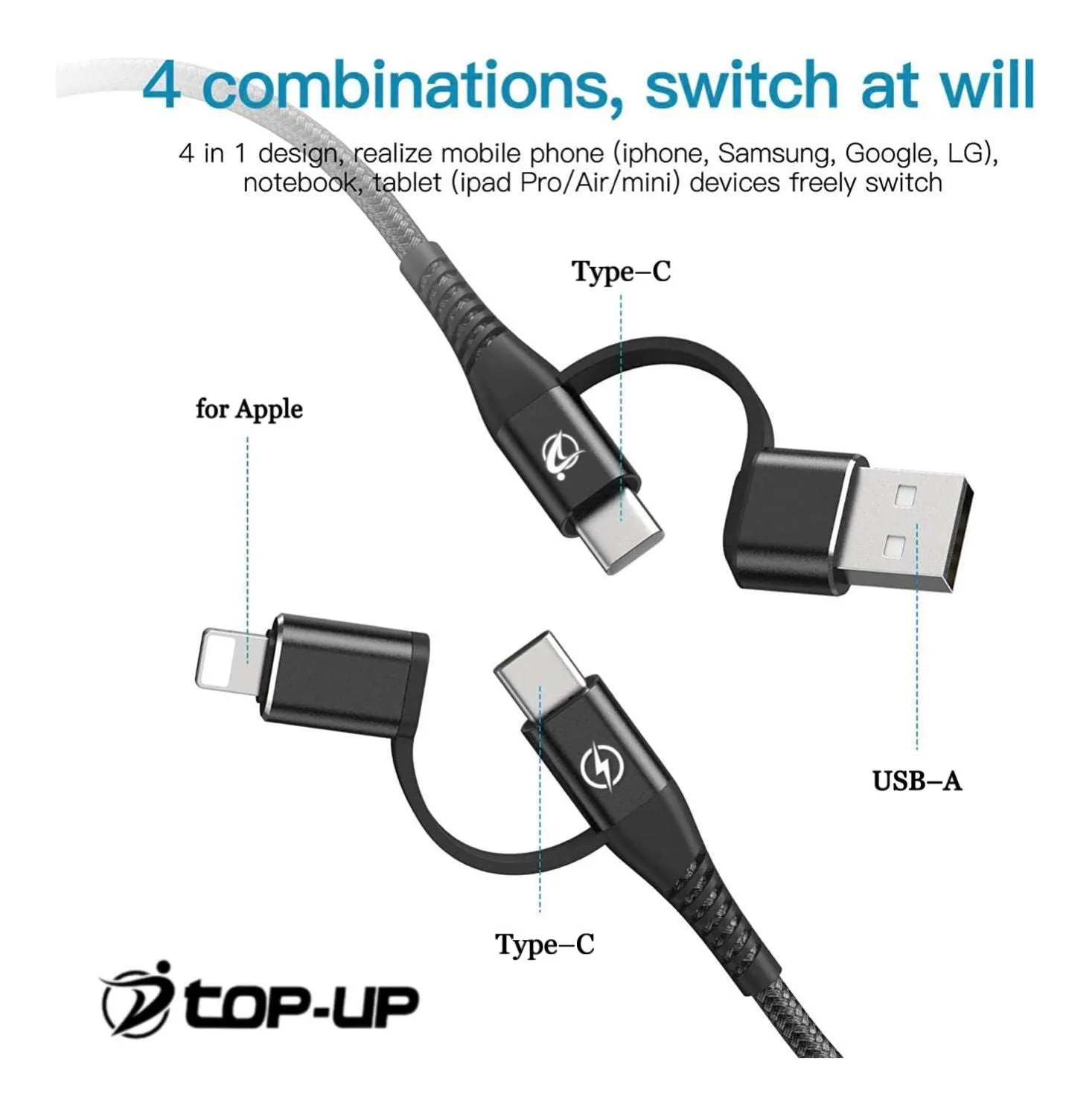 Top-Up 4-in-1 Ultra-Fast PD 60W Charging Data Cable 3.3ft