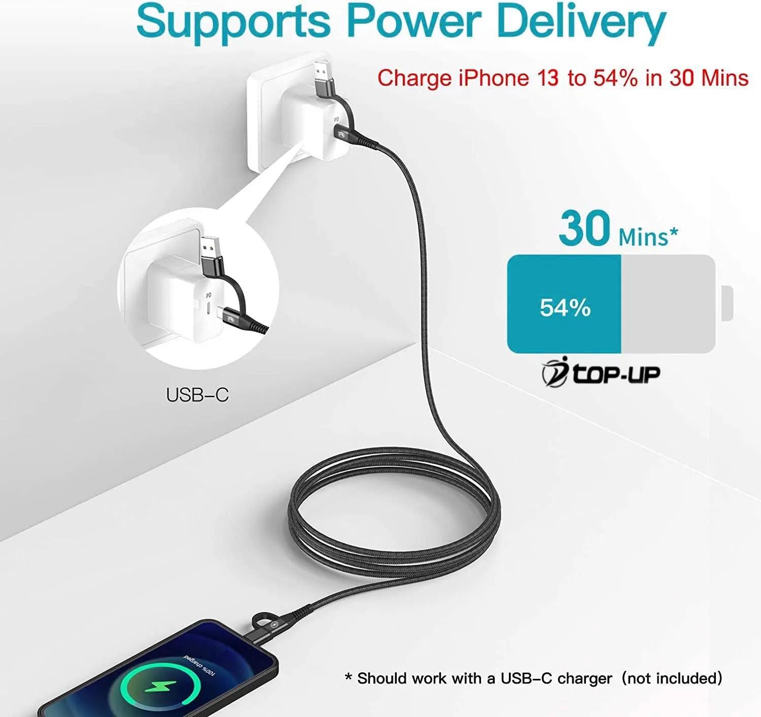 Top-Up 4-in-1 Ultra-Fast PD 60W Charging Data Cable 3.3ft